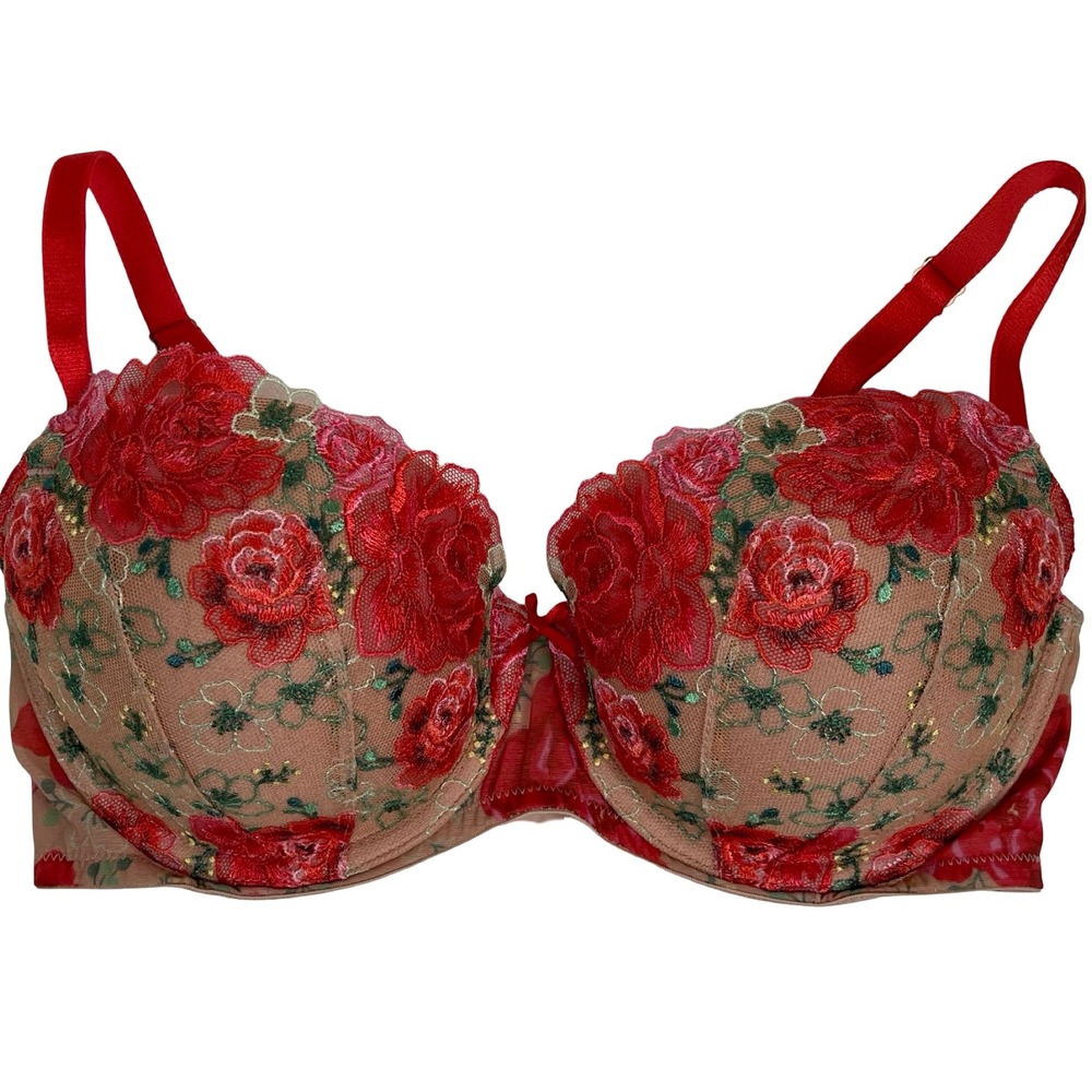 Victoria's Secret Dream Angels Bra Womens 32DD Red Nude Floral Embroidered Rose
